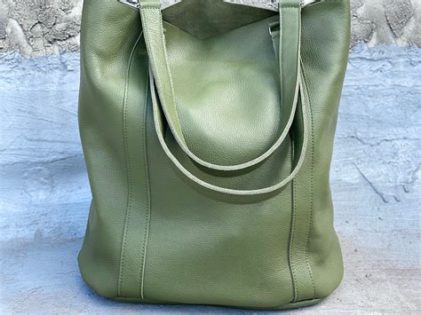 olive green leather tote bag